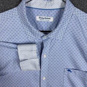 Tommy Bahama Sarasota Stretch Shirt Men XXL Blue Geometric Flip Cuff Long Sleeve
